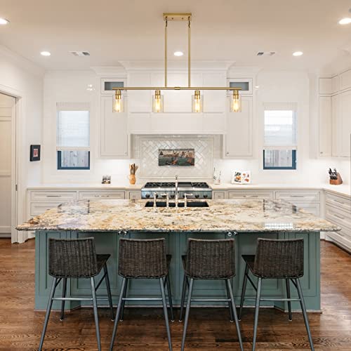 Image of 4-Light Brushed Brass Kitchen Island Chandelier with Glass Shades