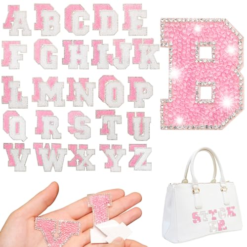 Yinder 52 Pieces Glitter Rhinestone Letter Stickers Crystal Rhinestone Iron on Letter Self Adhesive A-Z Glitter Resin Stickers for Clothing Art DIY Works (Bright White,Pink)