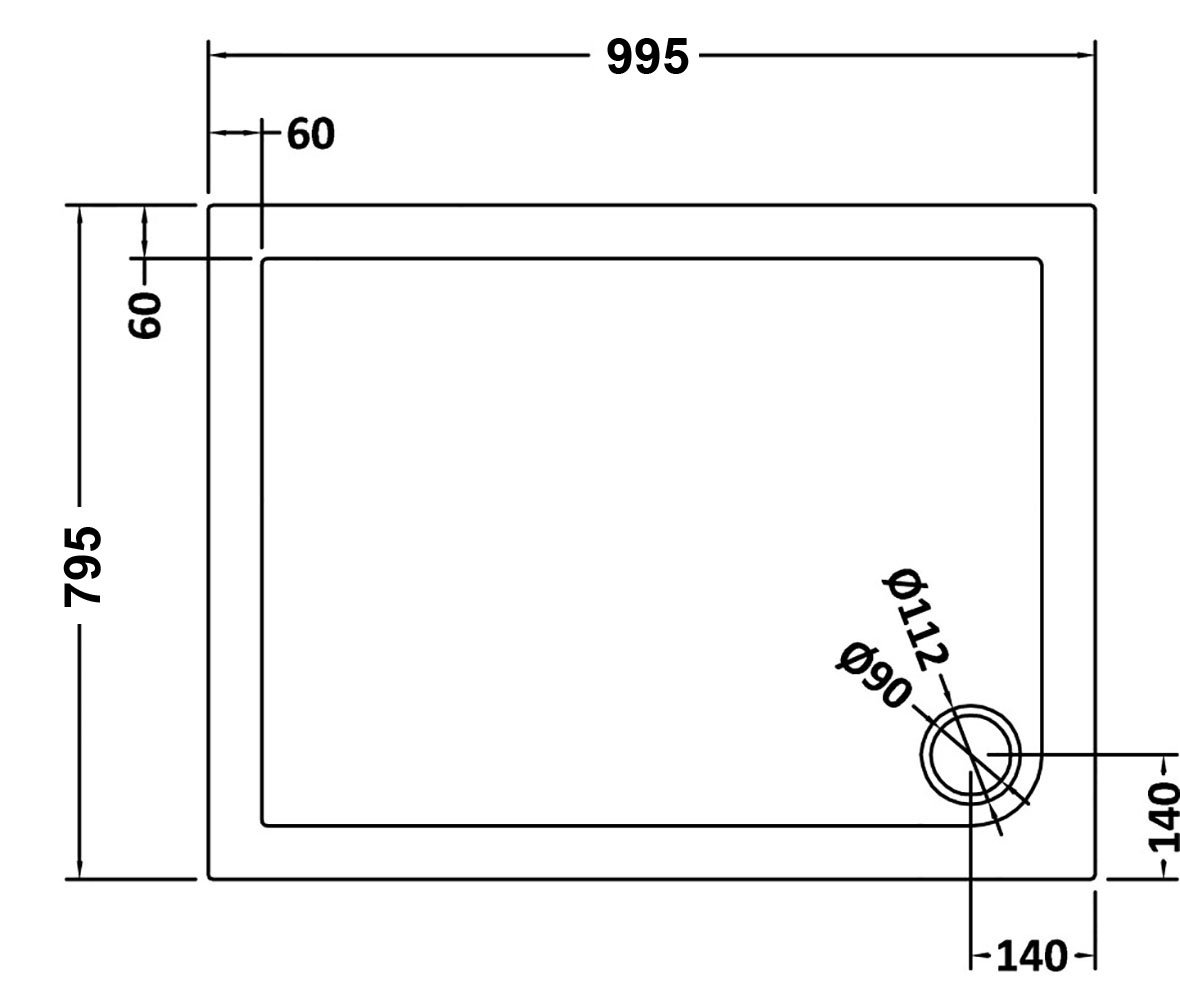 Technical drawing with dimensions for the shower tray