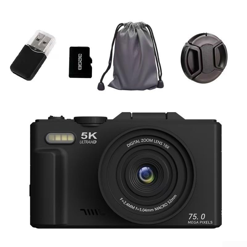 Appareil photo numérique HD 5K avec capteur 75 Mpx, zoom numérique 18x, autofocus de 7,6 cm, corps en métal, connectivité WiFi pour voyage, vlogging et réseaux sociaux, noir (rose, 32 Go)