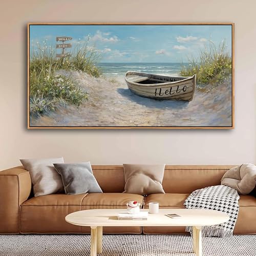 Image of AJAZIKO Coastal Canvas Wall Art Paintings - Beach Wall Pictures for Living Room with and Ocean Themes - Boat Wall Decor and Ocean Wall Art for Home Artwork for Walls 29x58IN