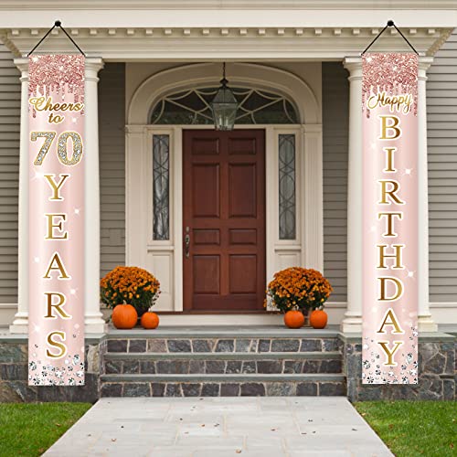 Image of 70th Birthday Decorations Cheers to 70 Years Door Banner for Women, Pink Rose Gold 70 Birthday Sign Party Supplies, Happy Seventy Birthday Porch Decor for Outdoor Indoor