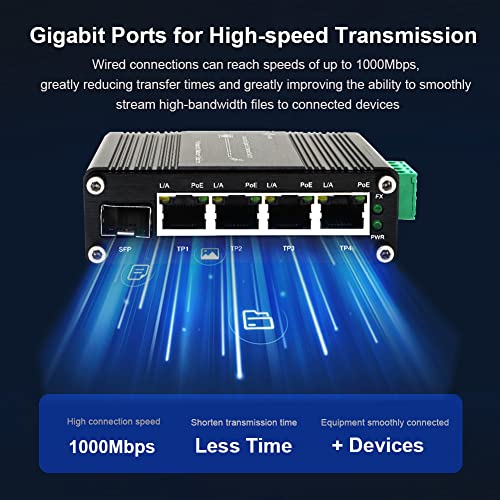 Image of Mini Industrial 4 Port 10 /100 /1000Mbps Gigabit Ethernet POE + Switch with SFP Port Din Rail /Wall-Mount 4 Port 10 /100 /1000BASE-T RJ45 + 1 Port 100 /1000FX (SFP) Support 12-48V DC