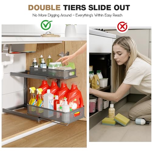 Image of 2-Pack Under Sink Storage Organizer with 2-Tier Slide Out Drawer, Sophisticated Mesh Pull Out Shelf for Kitchen & Bathroom, Fits Small Items, Upgraded Arched Track for Smooth Gliding-Gun Gray