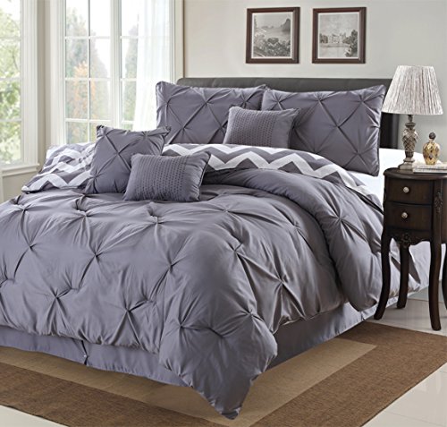 Divano Roma 7 Piece Modern Pinch Pleated Comforter Set (Queen, Grey)