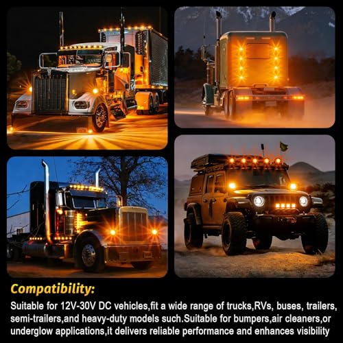 Image of 4PCS Watermelon Lights, Amber Strobe & Constant Multi-Function LED Side Marker, Turn Signal, Tail & Roof Lights with Stainless Steel Bezel for Freightliner, Kenworth, Peterbilt Semi Trucks & Trailers