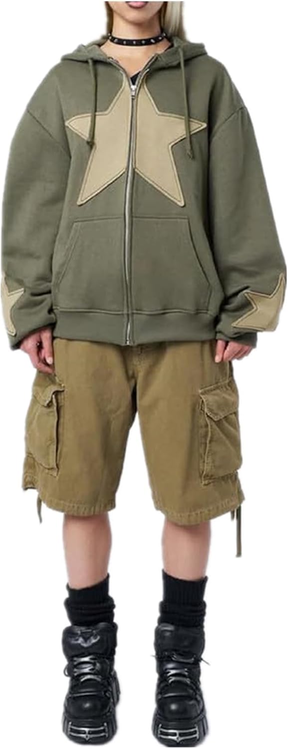 Karwuiio Women Y2k Zip Up Hoodies Star Graphic Long Sleeve Jackets Hip Hop Harajuku Oversized Hooded Sweatshirt - Image 4