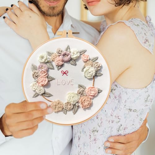 Image of FONNUY Love Heart Crewel Embroidery Kit for Beginners, Pre-Stamped Pattern Kits for Adults with Hoop, Easy to Follow Color Thread Needlework, 8'' Hoop (Love)