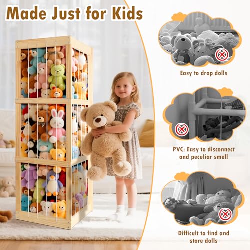Image of Stuffed Animal Storage - Large Capacity Toy Organizers for Kids | Wooden Stuffed Animal Holder with Elastic Zoo Bars | Plushies Storage Toy Chest for Nursery, Playroom, or Bedroom
