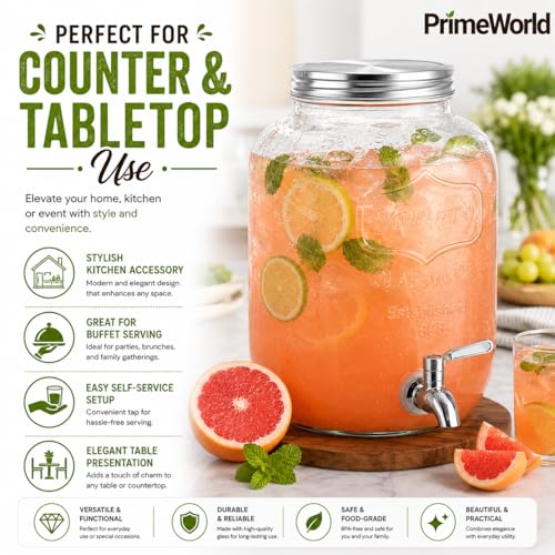 Image of PrimeWorld 1Pc 4 LTR Glass Water Beverage Dispenser - Air Tight Lid Glass Pitcher for Detox Water - Mason Jar - Counter Table Top Juice Water Beer Dispenser for Home & Kitchen Restaurant Party