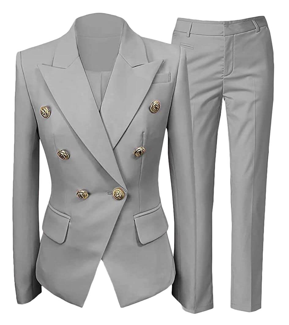 Ensemble pantalon 2 pièces à double boutonnage pour femme - Coupe moderne - Pour le travail, le bureau, le bal, gris argenté, S