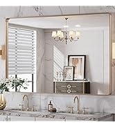 LOAAO 48”X32” Gold Bathroom Mirror, Rounded Rectangle Gold Frame Mirror, Brushed Gold Bathroom Va...