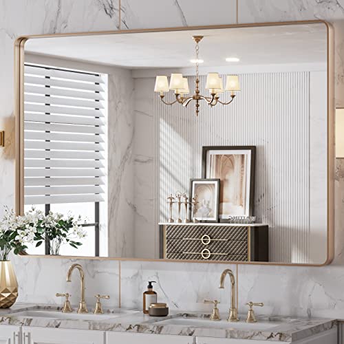 LOAAO 48”X32” Gold Bathroom Mirror, Rounded Rectangle Gold Frame Mirror, Brushed Gold Bathroom Vanity Mirror Wall-Mounted, Anti-Rust, Tempered Glass, Hangs Horizontally or Vertically