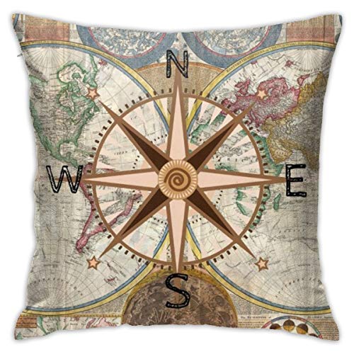 Yaateeh Nautical Map World Compass Rose Travel Throw Pillow Covers Decorative 18x18 Inch Pillowcase Square Cushion Cases for Home Sofa Bedroom Livingroom