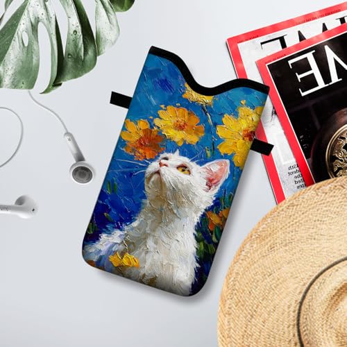 Image of Neoprene Cell Phone Sleeve Pouch Case Bag with Crossbody Strap Neck Lanyard for Women 7.1 X 3.9 in White Cat