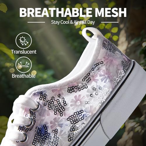 kufeiti Women's White Tennis Shoes Embroidered Sequins Low Top Canvas Shoes Comfortable Casual Fashion Sneakers2