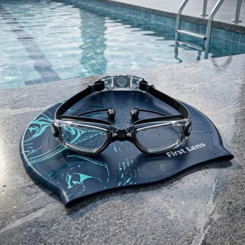 Image of First Lens Swimming Combo Pack with Anti-Fog Goggles, Swimm Cap - Clear Goggle + Aquawave Cap
