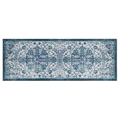 Ghroiep Boho Kitchen Decor Rug, Oriental Vintage Bohemian Floral Runner Rug for Kitchen Laundry Bathroom, Non-Slip Washable Hallway Floor Mat 17x47 Inch Blue Cover