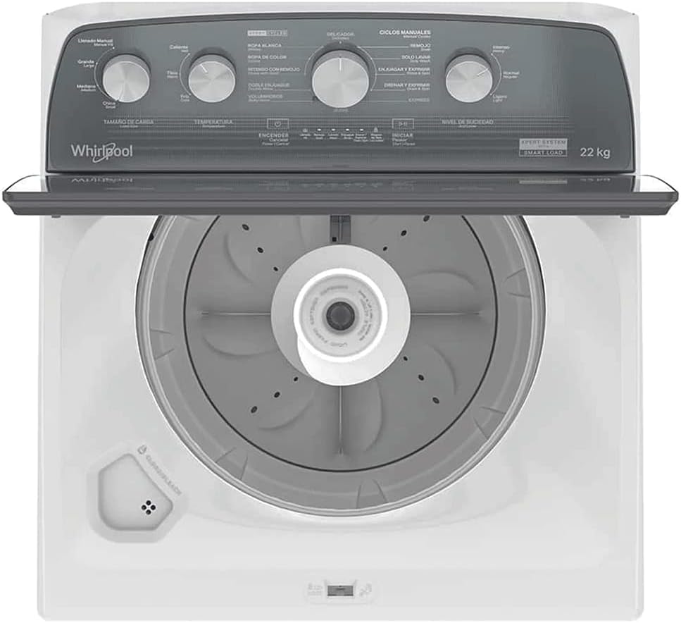 Top view of the Whirlpool washing machine with open lid, showing drum and agitator