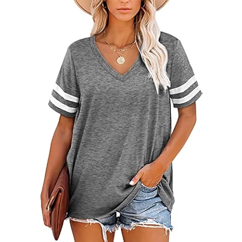 Jocosa T Shirts for Women V Neck Short Sleeve Summer Tops Cotton Casual Loose Tee Size XL UK 18-20 Grey Cover