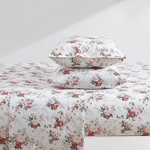 Image of Laura Ashley - Queen Size Sheet Set, Crisp & Lightweight Cotton Percale Bedding with Fitted Sheet and Pillowcases, Floral Room Decor, Deep Pocket, College Dorm Room Essentials (Ashfield Pink)