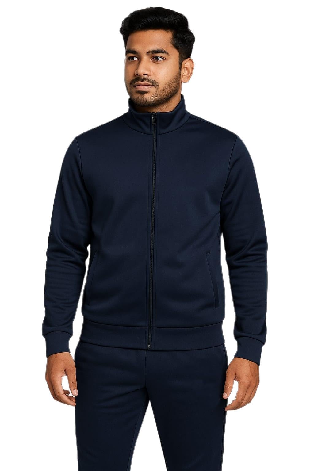 Winter Track Suit Men's Navy Blue Full-Zip Jacket and Tapered Joggers with White Stripes, Ribbed Cuffs, Insulated Fabric (IN, Alpha, XL, Regular)-image-7