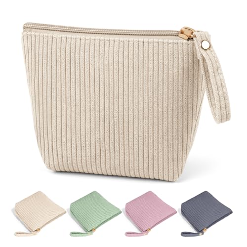MAGEFY Mini Tasche Kosmetiktasche Kleine Cord Schminktasche Damen mit Fächern&Griff-Reißverschluss Tragbar Organizer 14 * 11.5 * 5cm(Beige)