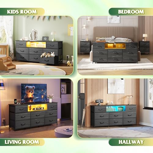 Image of WLIVE Dresser TV Stand for 65 Inch TV, 8 Drawers, LED, Black Wood Grain
