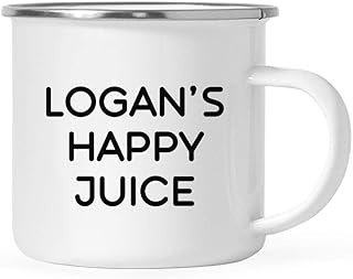 Andaz Press Personalized Funny Alcohol 11oz. Stainless Steel Campfire Coffee Mug Gift, Logan's Happy Juice, 1-Pack, Custom Christmas 21st Birthday Metal Enamel Camping Camp Drinking Cup for Him Her