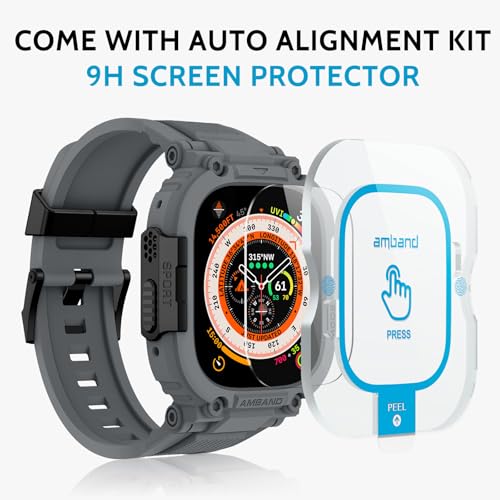Image of amBand Bands Case Screen Protector Compatible with Apple Watch Ultra 3 /2 /1 49mm, M1 Sport Series Rugged Cover Strap and 9H Tempered Glass Film, Protective Bumper for iWatch 49 mm Men Gray