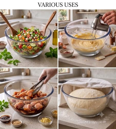 Image of Large Glass Salad Serving Bowl 800 Ml Set of 1, Deep Round Clear Glass Prep & Mixing Bowl, Heavy-Duty Glassware Centerpiece for Fruit, Pasta, Grain Bowls & Trifle