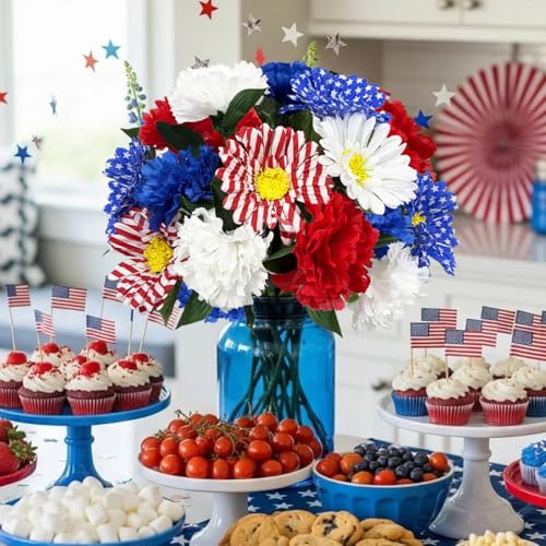 Image of 20 Stems Red White and Blue Flowers Artificial 13 inch Mixed Patriotic Dasiy Flower Silk Bouquet for Memorial 4th of July Independence Day Centerpiece Table Home Decor Cemetery Grave Decor(No Vase)
