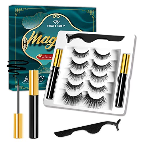 Richsky Magnetic with Eyeliner Kit,5 Pairs Natural Looking Magnetic lashes,Easy to Wear False Eyelash Set,No Glue Needed and Waterproof.