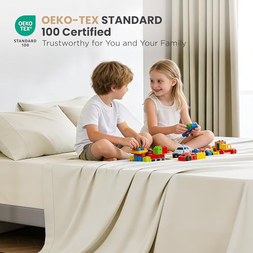 Image of Sophia & William 100% Cotton Sateen Sheet Set Queen Size 4 Piece Set Ivory | 1000 Thread Count Ultra-Soft 4 Piece Bedding, Extra Deep 16 inch Pocket Fitted Sheet Fits Most Mattresses, OEKO-TEX 100 Certified