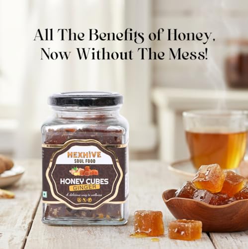 Image of Hexhive Ginger Honey Cubes | Pure Honey with Real Ginger Extract | No Added Sugar | Immunity Boost | Travel-Friendly Cubes for Tea, Coffee & Detox Drinks | Wellness Snack | 300g