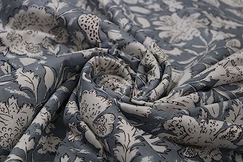 Image of Indian Hand-Block Printed Jaipuri Flower Print Floral Ethnic Sanganer Kurti Print Cotton Fabric (3 Yards, White Gray Flower)