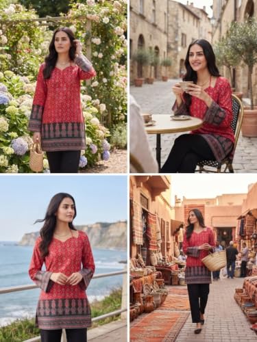 Image of GRECIILOOKS Short Kurti for Women - Printed Modern Tunic Top | Long Ethnic Wester Tops for Woman| Full Sleeve Indo Western Tunic | Comfortable Rich Kurti Tops for Office and Casual