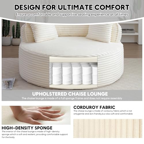 Image of Oversized Round Chair Lounge Chaise Indoor, 53.5 inch Upholstered Corduroy Deep Seat Single Cloud Sofa Chair, Fluffy Modern Large Circle Boneless Sleeper Sofa for Living Room, Bedroom, Beige White