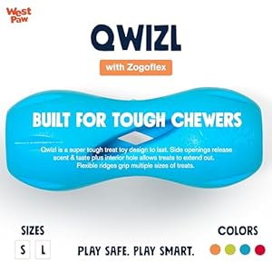   West-Paw-Zogoflex-Qwizl-Dog-Puzzle-Treat-Toy--Interactive-Chew-Toy-for-Dogs--Dispenses-Pet-Treats--Brightly-Colored-Dog-Enrichment-Toy-for-Aggressive-Chewers-Fetch-Catch-Large-65-Aqua-Blue