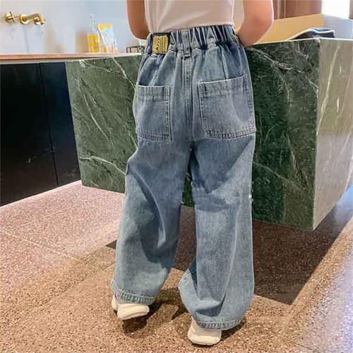 Kids Girls Ripped Straight Jeans Elastic High Waist Streetwear Denim Pants Stylish Baggy Trousers for Youth Girls3