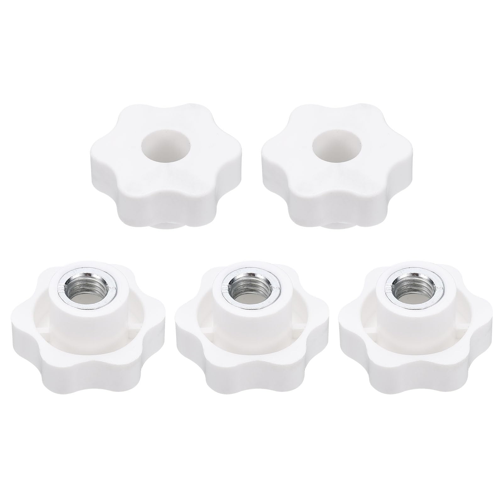 sourcing map 5pcs Star Clamping Nuts M12 Female Thread 48mm 6-Point Plastic Head Iron Insert Through Hole Screw-in Threaded Knob Hand Tightening Clamping Handles, White