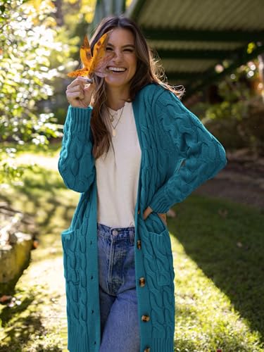 Image of PRETTYGARDEN Long Sleeve Cable Knit Long Cardigan for Women 2026 Spring Winter Chunky Open Front Button Sweaters with Pockets