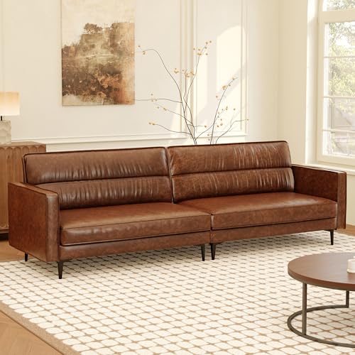 86.61" Mid-Century 3-Seater Brown Leather Sofa