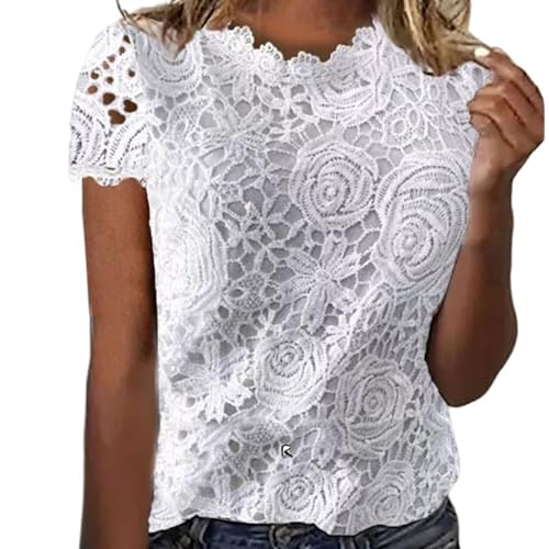 Top B Primavera y Verano Nueva Blusa de Encaje de Manga Corta para Mujer Mujer Camiseta Vestido Con Estampado, Blanco, M