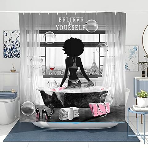 TYAKASHA Shower Curtain African American Girl Believe in Yourself Sexy Heels Bubble 72x72 Inches Waterproof Fabric Polyester with 12 Hooks for Bathroom Decor Cover