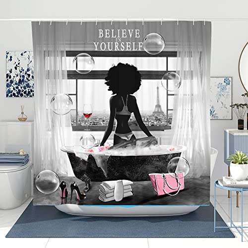 TYAKASHA Shower Curtain African American Girl Believe in Yourself Sexy Heels Bubble 72x72 Inches Waterproof Fabric Polyester with 12 Hooks for Bathroom Decor