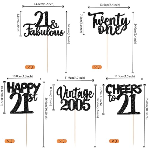 Image of 15 PCS Black 21st Birthday Centerpiece Sticks Double Sided Twenty One Happy 21 Vintage 2005 Table Flower Centerpieces Sticks Cheers to 21 Fabulous Floral Decorations for 21st Birthday Party Supplies