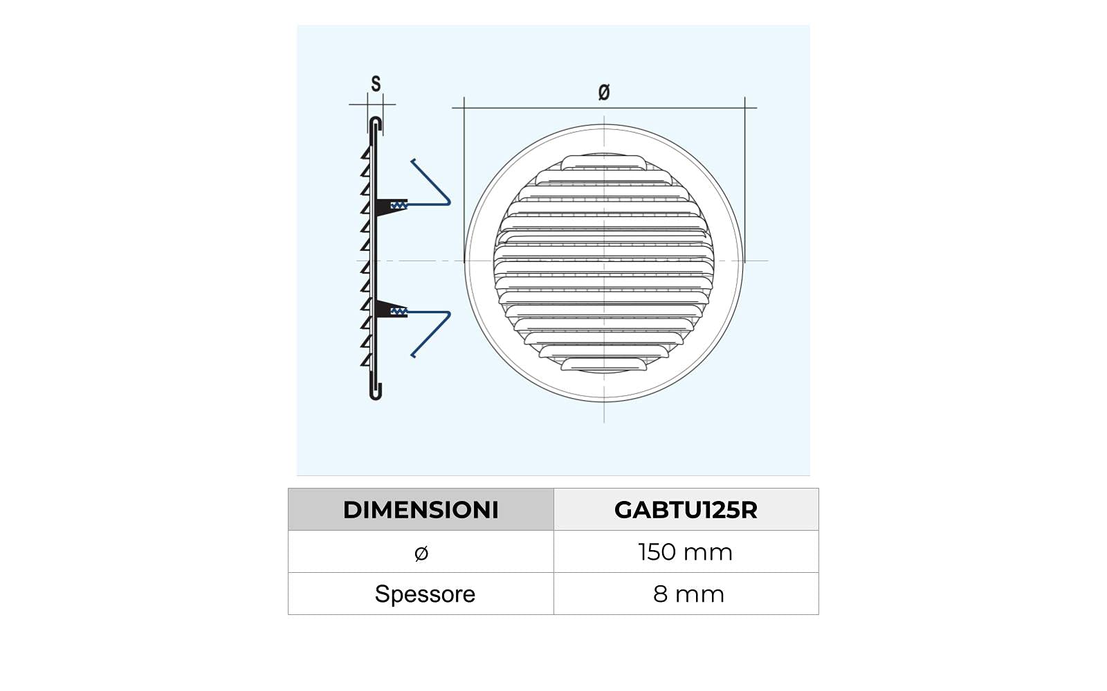 La Ventilazione GABTU125R Griglia Tonda Universale con Molle, Alluminio Bianco, ø155 mm