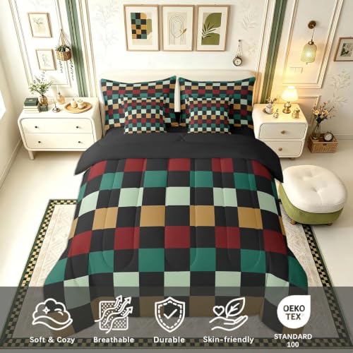Image of Checkered Retro Comforter Set With Sheets 7 Piece Twin Size Green Red Yellow Plaid Bedding Set for Kids Boys Girls Geometric Vintage Bed in a Bag Modern Simple Groovy Aesthetic Room Decor Soft