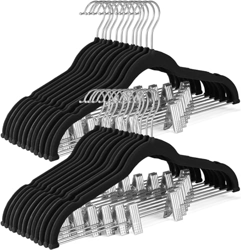 SONGMICS 50-Pack Pants Hangers, Velvet Hangers with Adjustable Clips | 16.7-Inch Long Skirt Hangers, Ink Black, BREANNA Collection UCRF012B50